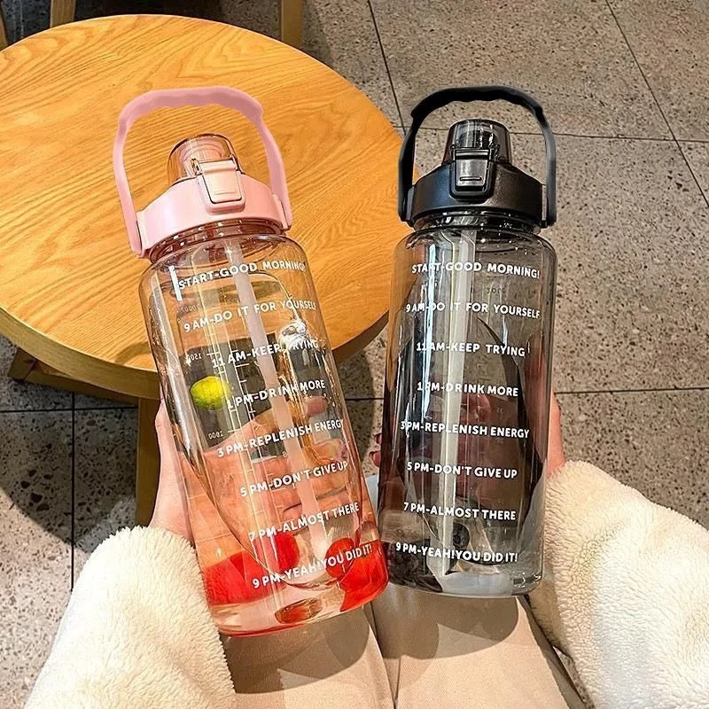 2 Liters Straw Plastic Water Bottle Large Portable Travel Bottle Sports Fitness Cup High Value Big Fat Cup Adult Univers