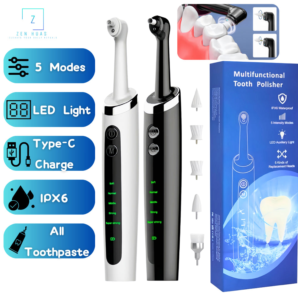 Electric Tooth Polisher 5-in-1 | 5 Modes, LED Light, Type-C, IPX6 Waterproof, Works with Any Toothpaste