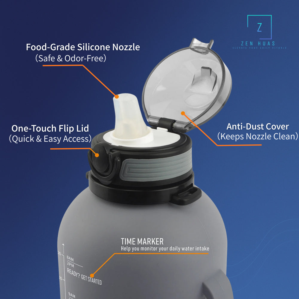 2L Silicone Collapsible Water Bottle with Straw | Leak-Proof Sports Bottle | Time Marker Hydration Jug | Portable Large
