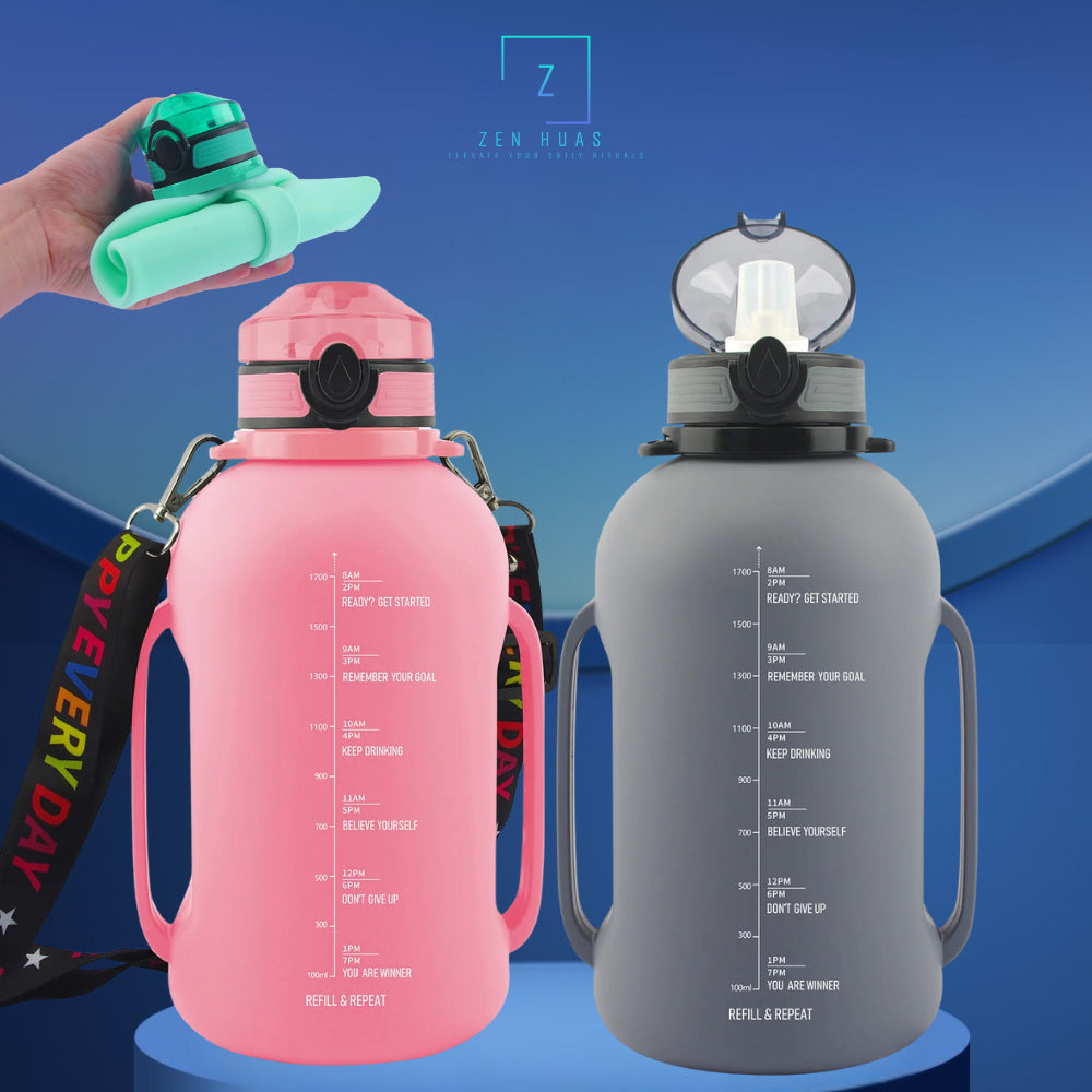 2L Silicone Collapsible Water Bottle with Straw | Leak-Proof Sports Bottle | Time Marker Hydration Jug | Portable Large