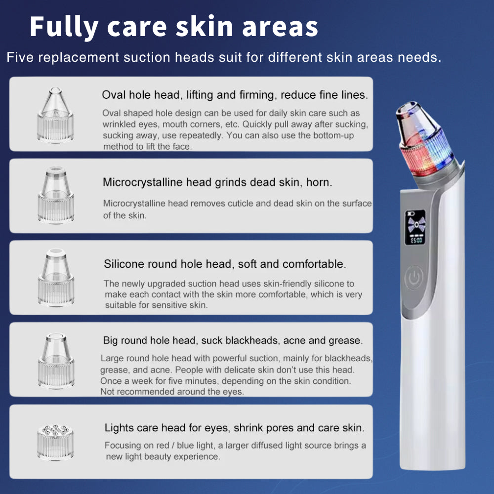 Blackhead Remover with Red & Blue LED | 5 Suction Heads | Adjustable Suction | USB Rechargeable
