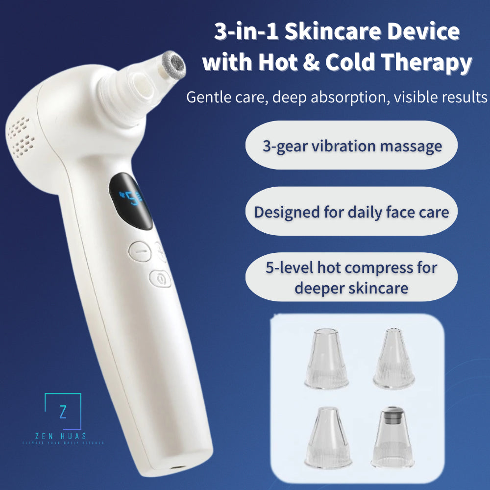 Ice-Heat 3-in-1 Facial Pore Cleaner & Skincare Device | Blackhead Remover Vacuum with Hot & Cold Compress, Vibration Mas