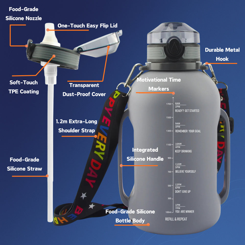 2L Silicone Collapsible Water Bottle with Straw | Leak-Proof Sports Bottle | Time Marker Hydration Jug | Portable Large